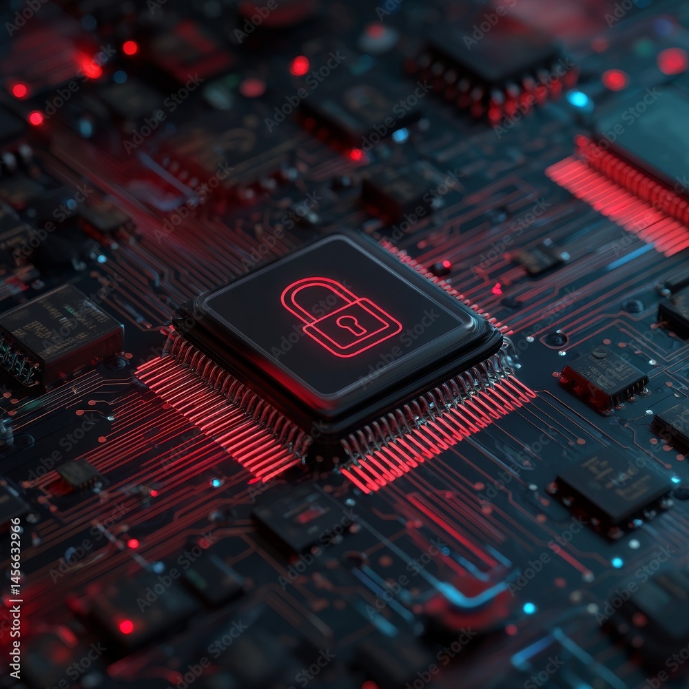 Obraz premium Motherboard of the future featuring digital circuits and a luminous security lock, symbolizing cutting-edge cybersecurity and data safeguarding