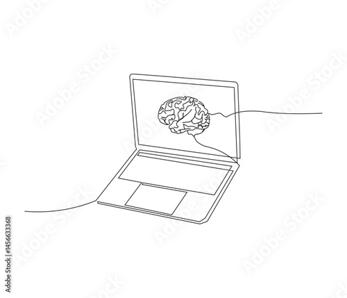 One continuous line drawing of laptop with artificial intelligence. single line illustration of technology day concept. editable concept