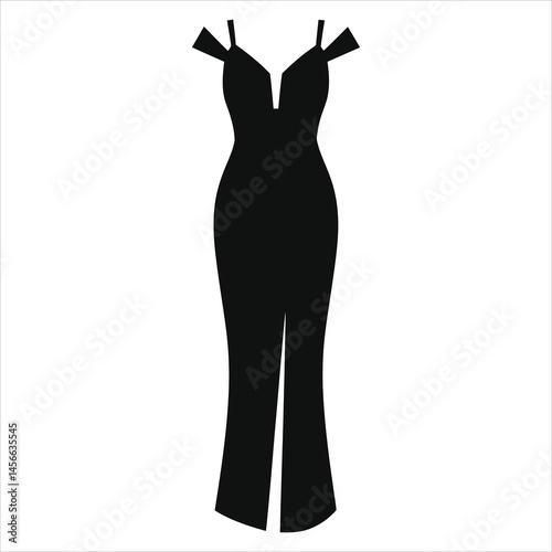 Stylish black dress vector silhouette against a plain background/A simple, elegant silhouette of a black, off-the-shoulder, v-neck midi dress.