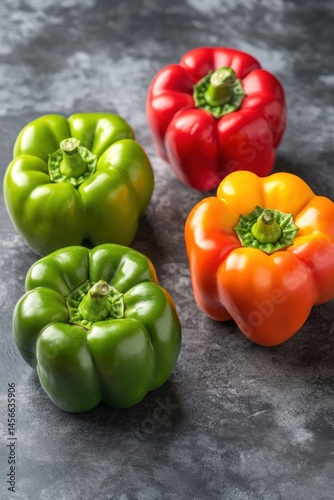Colorful Bell Peppers Still Life on Dark Textured Surface Eye Level View Fresh Produce Food Photography