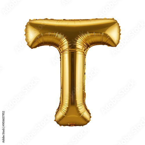 Letter T-shaped balloon, gold color, isolated on transparent background