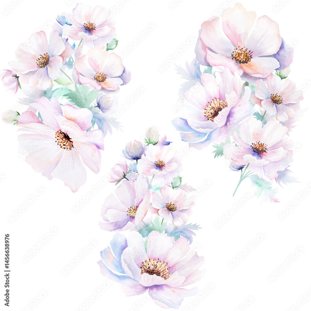 Watercolor bouquetы with pink peony flowers and leaves, pastel romantic wedding isolated illustration