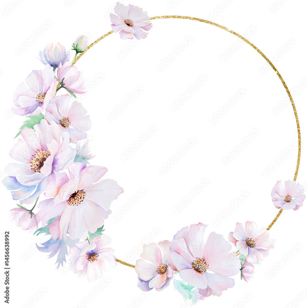 Frame made with watercolor pink peony flowers and leaves, pastel wedding isolated illustration
