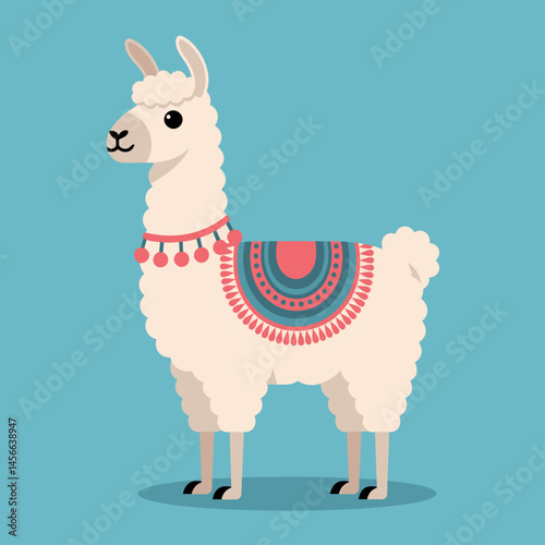 Cute Llama with Colorful Saddle on Blue Background