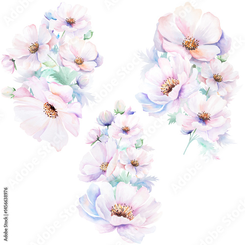 Obraz na płótnie Watercolor bouquetы with pink peony flowers and leaves, pastel romantic wedding isolated illustration w salonie