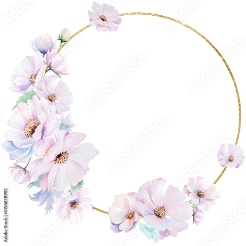 Obraz na płótnie Frame made with watercolor pink peony flowers and leaves, pastel wedding isolated illustration w salonie