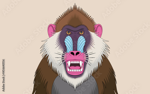 Fierce Mandrill Portrait Primate Jungle Wildlife Aggression Illustration