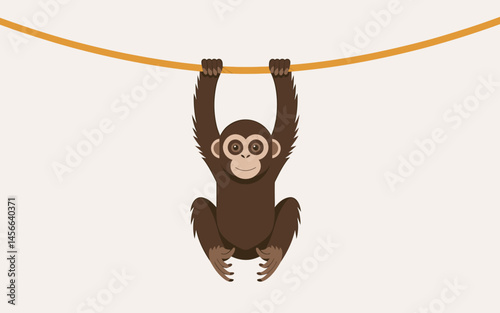 Cute Gibbon Hanging From Rope Cartoon Illustration