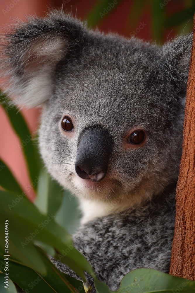 Obraz premium A calm koala is nestled in the vibrant foliage of its natural habitat. The soft light enhances its fluffy fur while it gazes thoughtfully, embodying tranquility in the afternoon