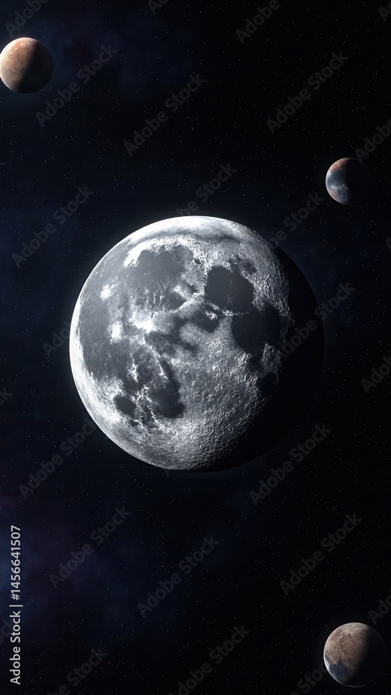 Naklejka premium Moon in outer space against the background of stars, planets, galaxies and nebulae. Craters Surface moon satellite. .