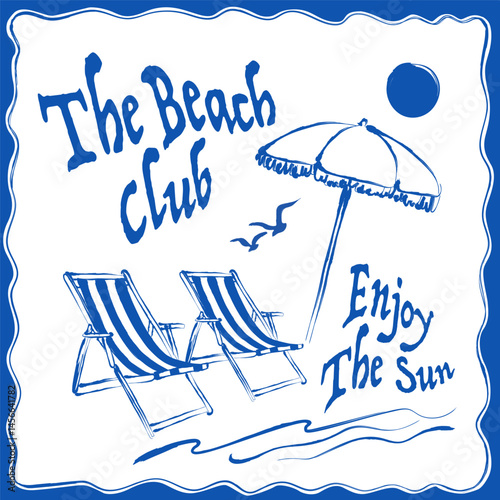 Sea vibe retro marine vector print. Sunbed, umbrella, beach, sun illustration.