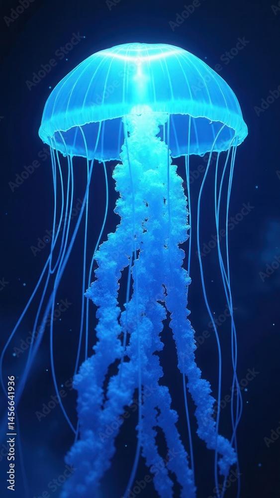 Glowing jellyfish swim deep in blue sea. Medusa neon jellyfish fantasy in space cosmos among stars.