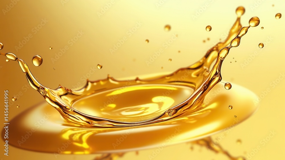 Splashes and drops of liquid oil. Fresh Olive or motor engine oil eco nature golden color close-up. Shine yellow Cosmetic oil or Cosmetic Essence Liquid drop. .