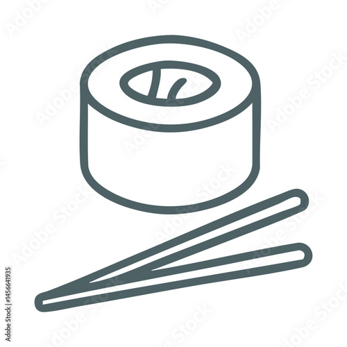 Vector icon of sushi roll with chopsticks in outline style.