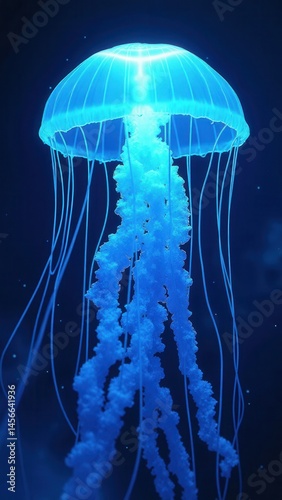 Obraz na płótnie Glowing jellyfish swim deep in blue sea. Medusa neon jellyfish fantasy in space cosmos among stars. w salonie