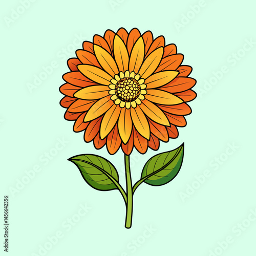 Vibrant Orange Flower Blossom with Green Leaves Detailed Illustration