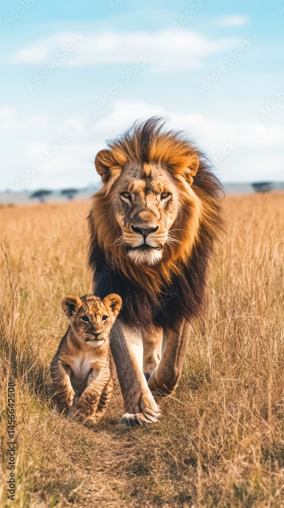 Majestic lion and cub walking through golden savanna. Majestic lion and cub walking through golden savanna.