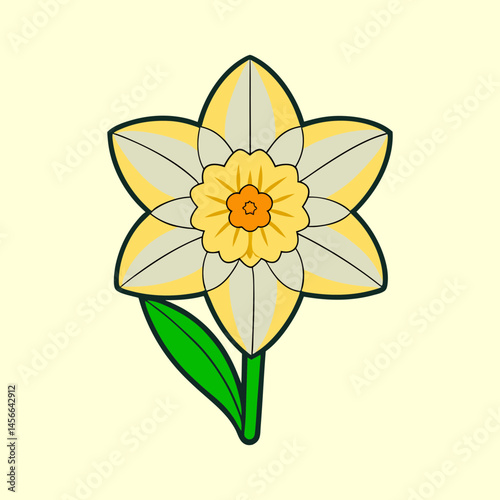 A Simple Illustration of a Yellow Daffodil Flower with Green Stem and Leaf