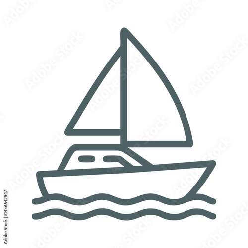 Outlined sailboat floating on waves in vector art.