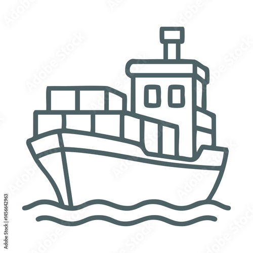 Outlined cargo ship with containers in vector line style.