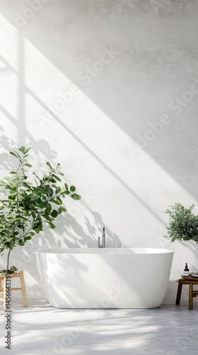 Minimalist Bathroom Interior with Freestanding Tub and Plants in Natural Light from Low Angle