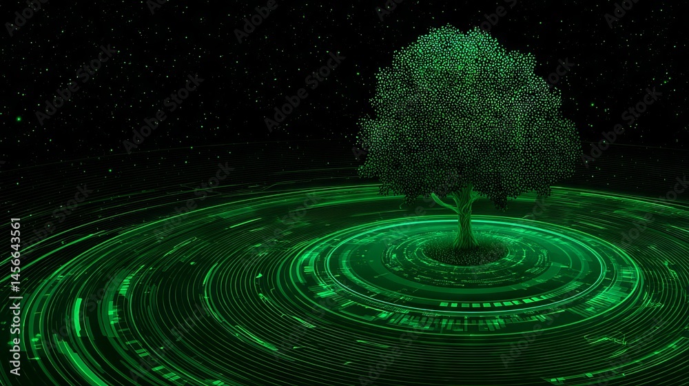 Fototapeta premium Knowledge and technology converge in the form of a symbolic tree, supported by digital roots and extended through branching networks