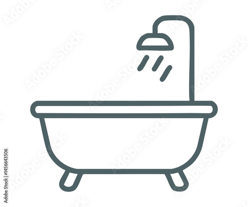 Outlined bathtub with showerhead and water drops.