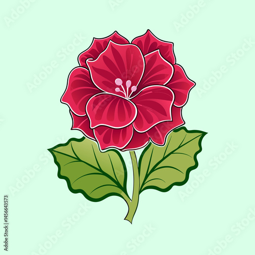 A vibrant crimson flower with lush green leaves a detailed botanical illustration
