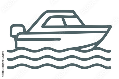 Outlined speedboat sailing fast over ocean waves.