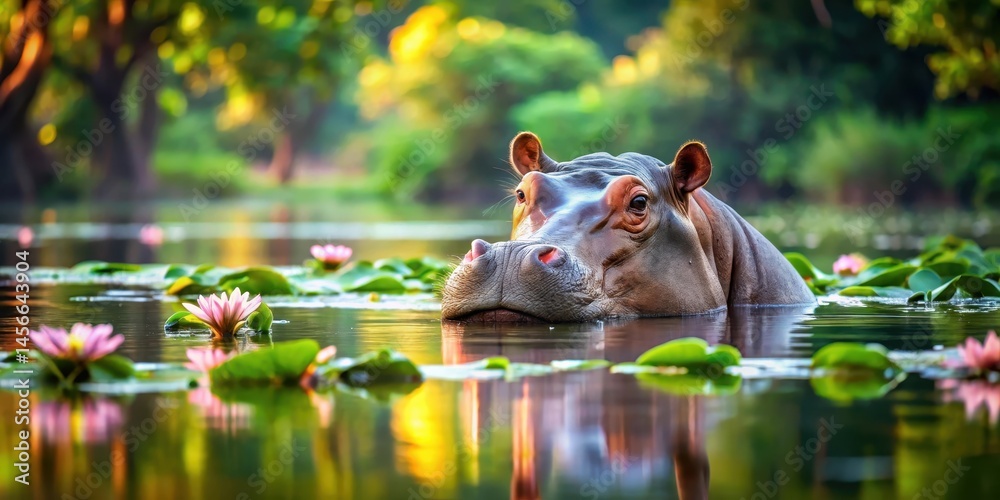 Fototapeta premium Hippopotamus floating gently on a serene lake with lush greenery and vibrant water lilies in the background, natural world, freshwater habitat