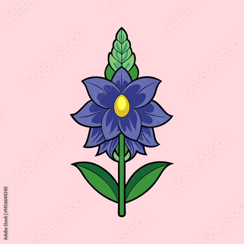 A Vibrant Illustration of a Stylized Blue Flower with Green Leaves and Stem on a Pink Background