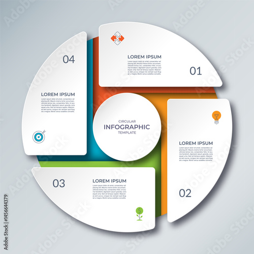 Infographic cycle diagram with 4 steps. Vector circular template that can be used for reports, business analytics, marketing materials, visualizing data, brochures, presentations.