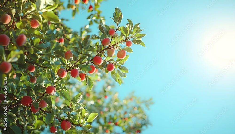 Fototapeta premium Fresh Fruit Tree with Bright Sunlight and Blue Sky Background