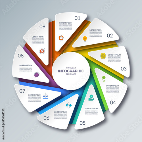 Infographic cycle diagram with 9 steps. Vector circular template that can be used for reports, business analytics, marketing materials, visualizing data, brochures, presentations.