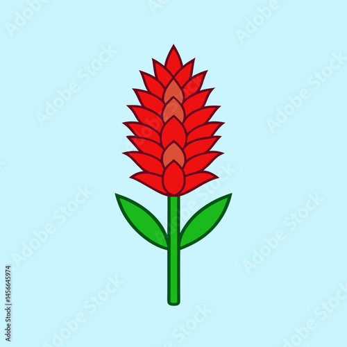 A Vibrant Red Flower Illustration with Green Leaves Simple Line Art Design