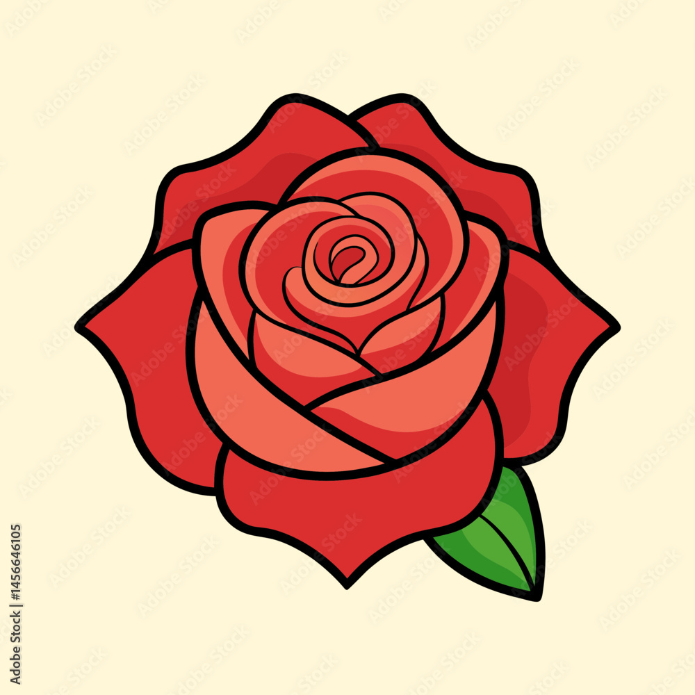 A Single Red Rose Blossom with Green Leaf Detailed Illustration A Single Red Rose Blossom with Green Leaf Detailed Illustration