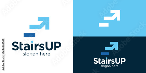 Creative simple stairs up logo template. Abstract stair with arrow up logo design vector illustration.