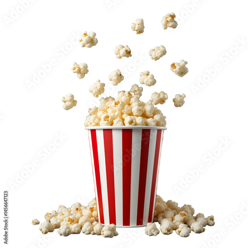 popcorn flying out of a red and white striped popcorn cup, isolated on transparent background