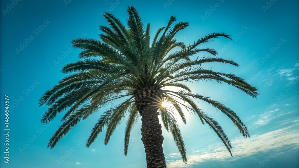 Obraz premium Sunlit Palm Tree Silhouette Low Angle Composition, Vibrant Blue Sky, Summer Concept Palm tree, summer vacation