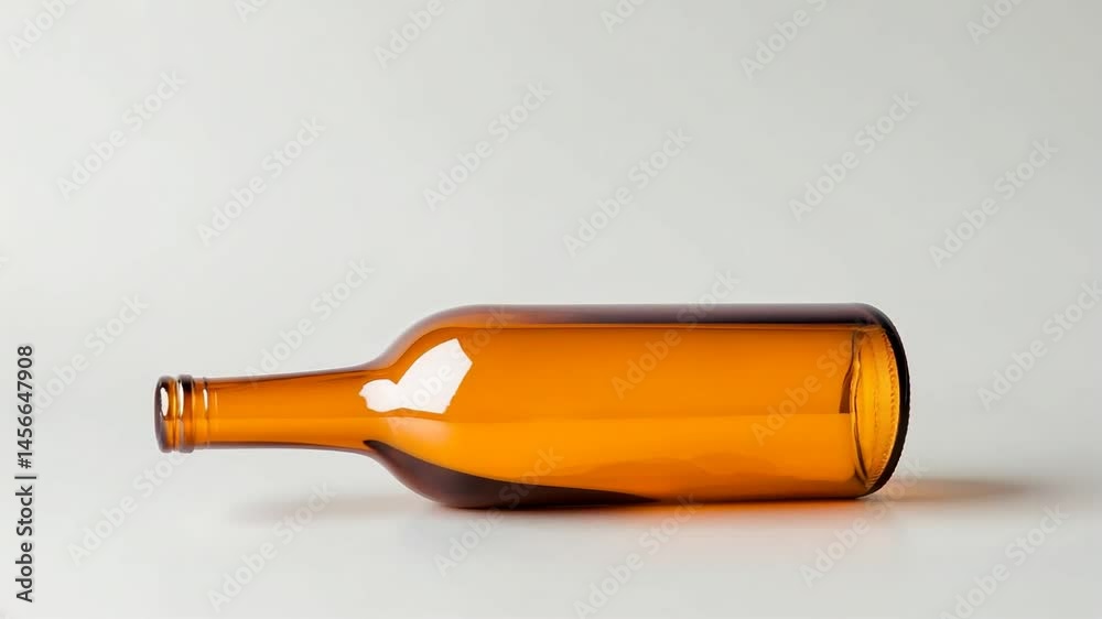 Amber glass bottle empty container lying on its side on plain surface with soft lighting and transparent reflection