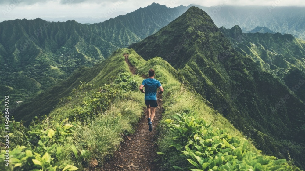 Obraz premium Runner on a mountain trail. Lush green mountains surround the path