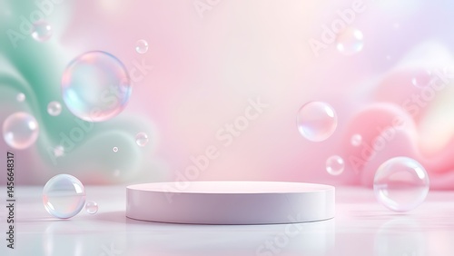 Pastel background with floating bubbles and a white podium.