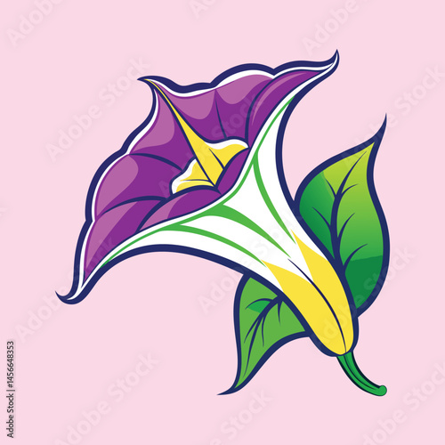 Vibrant Purple and Yellow Datura Flower with Green Leaves Illustration