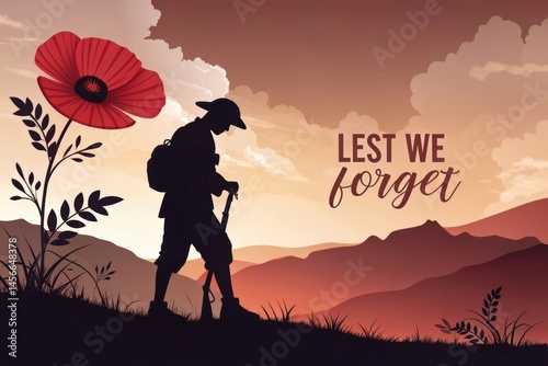 Silhouette soldier poppy sunset Lest we forget Remembrance Day tribute War veteran peaceful