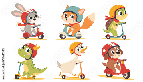 Cute animals riding a scooter. Happy animals with helmet on scooter. Vector children's illustration on white background.