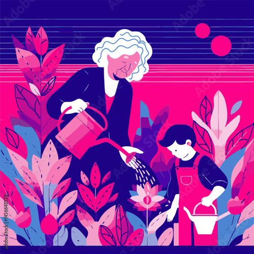 Elderly woman nurturing flowers with child in vibrant greenhouse  
