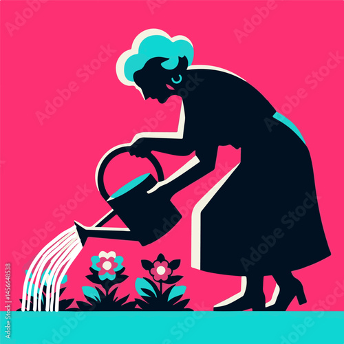 Elderly woman watering flowers in a vibrant greenhouse  