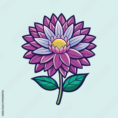 Vibrant Purple and Lavender Flower with Green Leaves Detailed Illustration