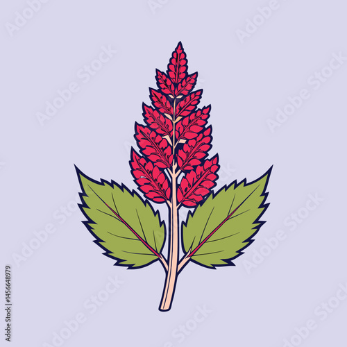 Elegant Red Flower with Green Leaves Botanical Illustration