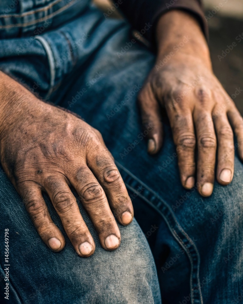 Fototapeta premium Hands of hard work denim jeans closeup emotional shot after a long workday personal reflection